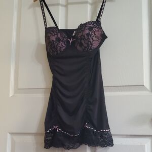 Native Intimates 34C Black and Pink Lace Trim Chemise Babydoll